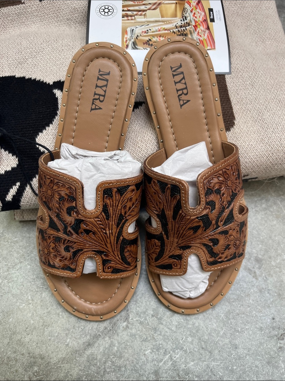 Myra Bag Tan Brown Tooled Leather Slide Mules with Black Accents